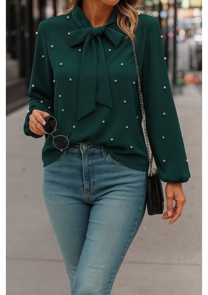 Ulak Handmader Kadın Uzun Kollu Yakadan Fiyonklu Incili Ithal Krep Bluz fiyatları