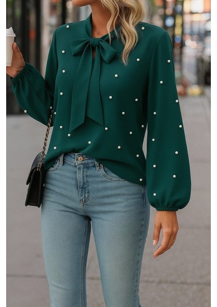 Ulak Handmader Kadın Uzun Kollu Yakadan Fiyonklu Incili Ithal Krep Bluz modelleri