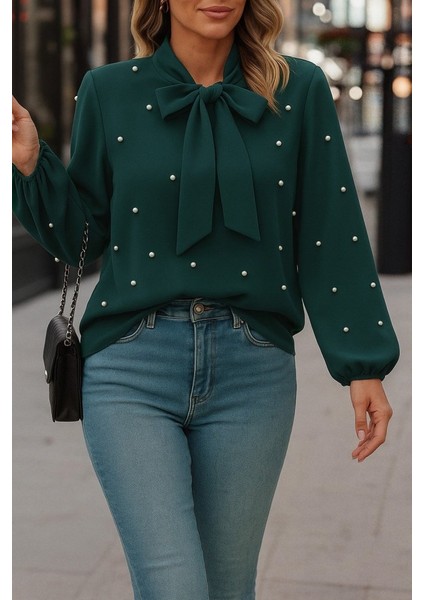 Ulak Handmader Kadın Uzun Kollu Yakadan Fiyonklu Incili Ithal Krep Bluz fırsatları