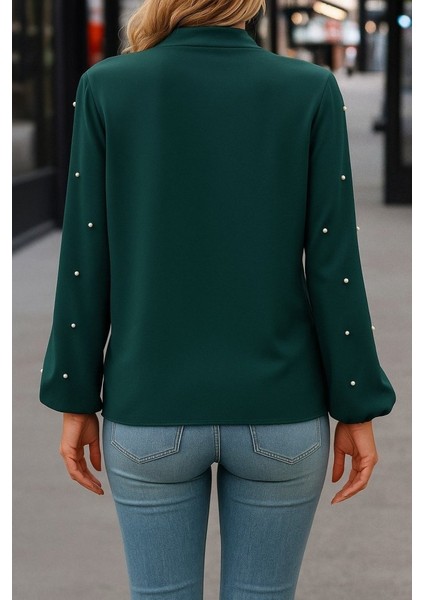 Ulak Handmader Kadın Uzun Kollu Yakadan Fiyonklu Incili Ithal Krep Bluz indirimleri