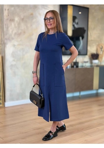 Ulak Handmader Kadın Kısa Kollu Bisiklet Yakalı Cepli Önden Yırtmaçlı Viskon Iki Iplik Midi Elbise modelleri