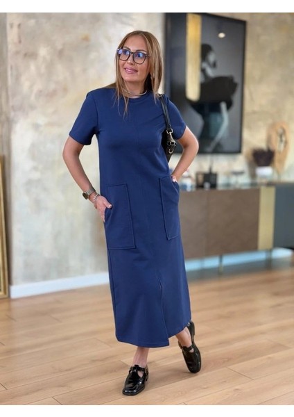Ulak Handmader Kadın Kısa Kollu Bisiklet Yakalı Cepli Önden Yırtmaçlı Viskon Iki Iplik Midi Elbise indirimleri