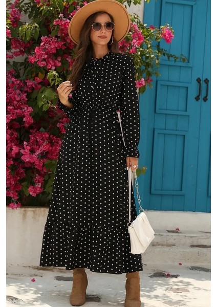 Ulak Handmader Kadın Uzun Kollu Yakası Bağcıklı Uzun Puantiyeli Krep Maxi Elbise modelleri