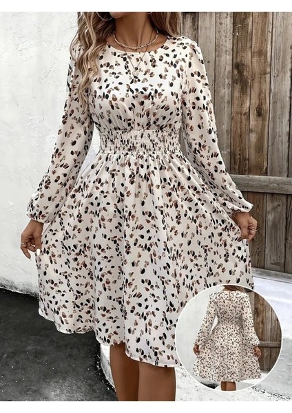 Ulak Handmader Kadın Uzun Kollu Bot Yaka Beli Lastikli Midi Süprem Elbise