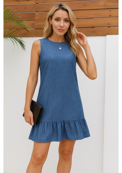 Ulak Handmader Kadın Kolsuz Bisiklet Yaka Fırfırlı Sofya Elbise