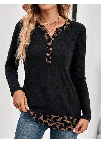 Ulak Handmader Kadın Uzun Kollu Yakadan Düğmeli Leopar Detaylı Kaşkorse Bluz fiyatları