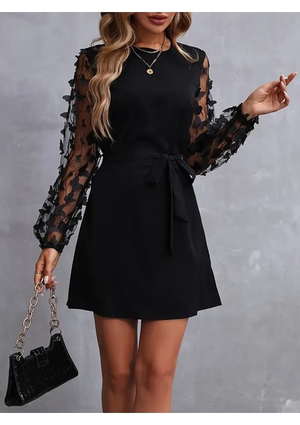 Ulak Handmader Kadın Uzun Kollu Bisiklet Yaka Kollar Tül Kelebek Detaylı Ithal Krep Elbise fiyatları