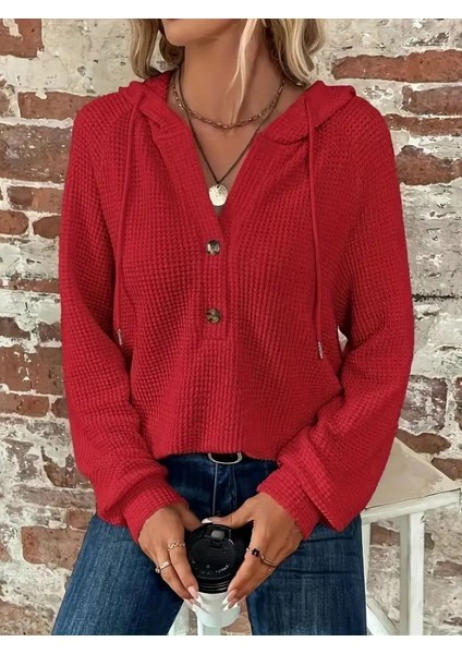 Ulak Handmader Kadın Uzun Kollu Kapşonlu Önü Düğmeli ve Bağcıklı Waffle Bluz