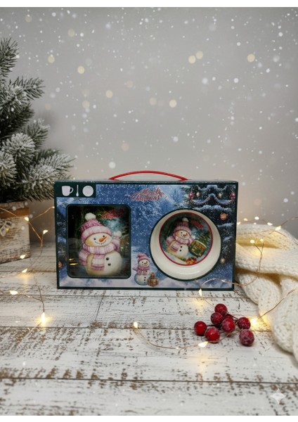 Kardan Adam Temalı Kupa – Tabak – Kaşık 3’lü Hediye Seti | Yılbaşı Özel Koleksiyonu