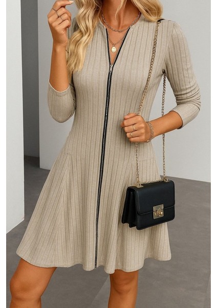 Ulak Handmader Kadın Uzun Kollu Önden Fermuarlı Pileli Şardonlu Kaşkorse Mini Elbise fiyatları