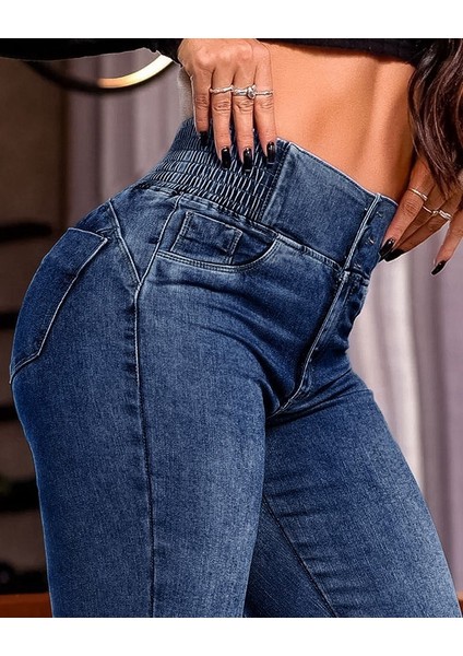 Ulak Handmader Kadın Yüksek Bel Yanları Lastik Önü Düğmeli Kot Pantolon fiyatları