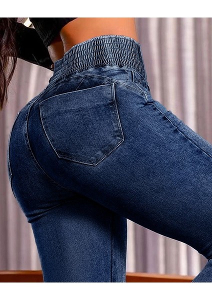 Ulak Handmader Kadın Yüksek Bel Yanları Lastik Önü Düğmeli Kot Pantolon fırsatları