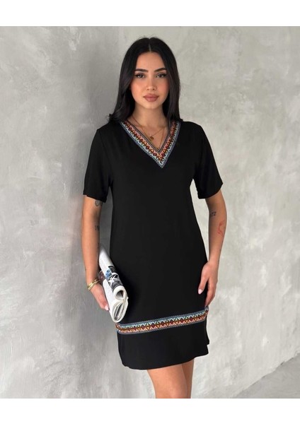 Ulak Handmader Kadın Kısa Kollu V Yakalı Etnik Desen Şerit Detaylı Viskon Elbise