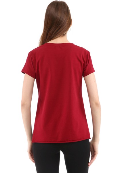 Kadın %100 Pamuk Bisiklet Yaka T-Shirt Fumus Bordo fırsatları