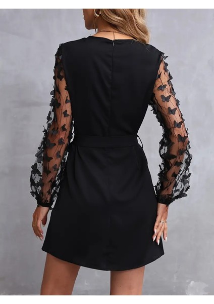 Ulak Handmader Kadın Uzun Kollu Bisiklet Yaka Kollar Tül Kelebek Detaylı Ithal Krep Elbise indirimleri