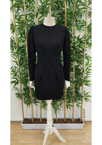 Ulak Handmader Kadın Uzun Kollu Bisiklet Yaka Bel Kemer Detay Ithal Krep Elbise