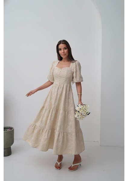 Ulak Handmader Bej Süs Düğmeli Balon Kollu Elbise