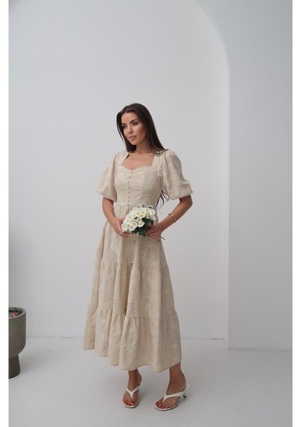 Ulak Handmader Bej Süs Düğmeli Balon Kollu Elbise fiyatları