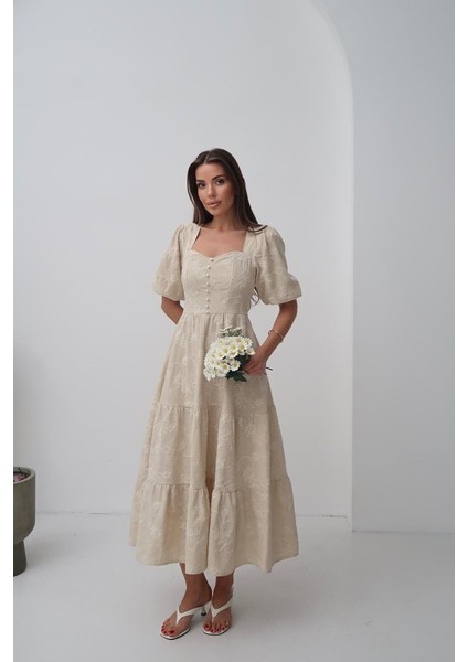 Ulak Handmader Bej Süs Düğmeli Balon Kollu Elbise modelleri