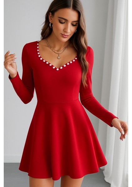 Ulak Handmader Kadın Uzun Kollu Inci Yakalı Kısa Ithal Krep Elbise modelleri