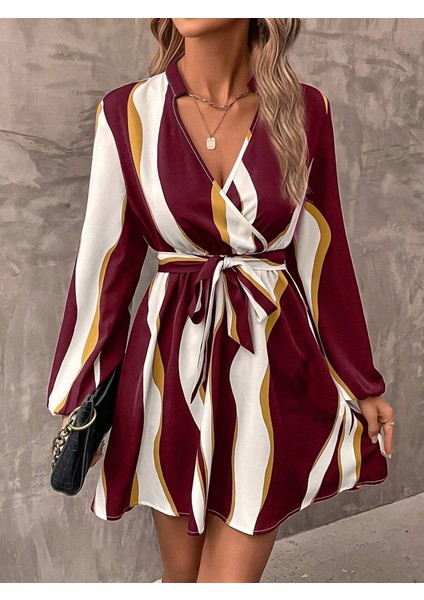 Ulak Handmader Kadın Uzun Kollu Kruvaze Yakalı Desenli Modal Mini Elbise