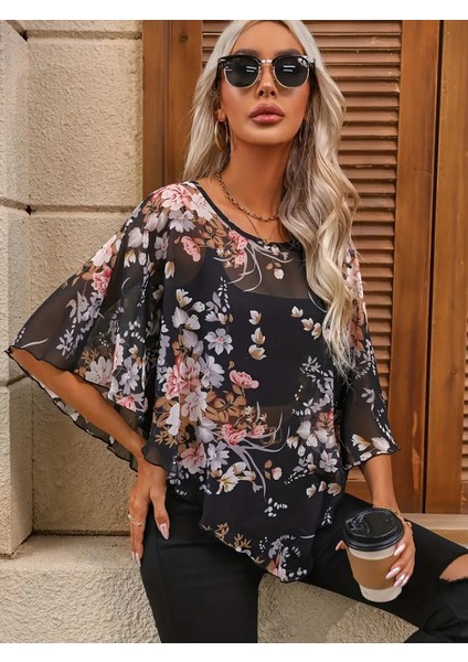Ulak Handmader Kadın Kısa Kollu Yuvarlak Yaka Çiçek Baskılı Asimetrik Kesim Şifon Bluz