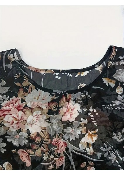 Ulak Handmader Kadın Kısa Kollu Yuvarlak Yaka Çiçek Baskılı Asimetrik Kesim Şifon Bluz