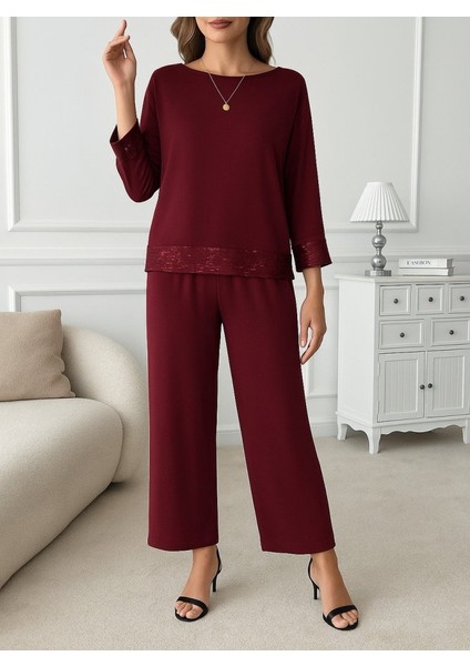 Ulak Handmader Kadın Uzun Kollu Bisiklet Yaka Pulpayetli Viskon Iki Iplik Bluz ve Pantolon Ikili Takım fiyatları