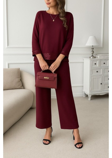 Ulak Handmader Kadın Uzun Kollu Bisiklet Yaka Pulpayetli Viskon Iki Iplik Bluz ve Pantolon Ikili Takım modelleri