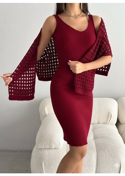 Ulak Handmader Kadın Uzun Kollu Delikli Kazak Askılı Elbise Triko Ikili Takım fırsatları