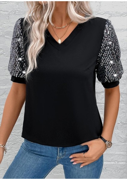 Ulak Handmader Kadın Kısa Kollu V Yakalı Pul Payet Detaylı Viskon Bluz