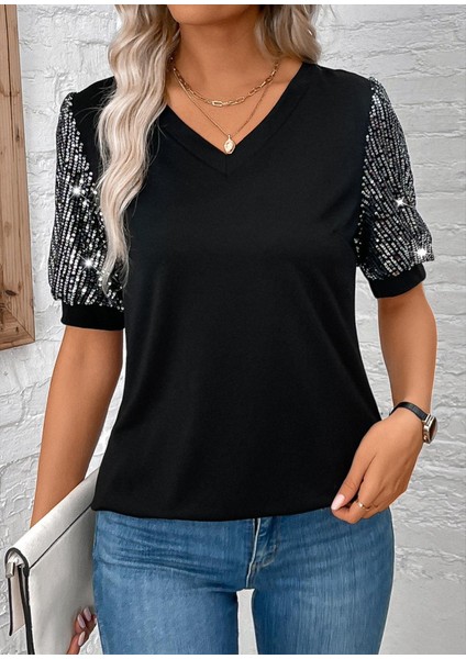 Ulak Handmader Kadın Kısa Kollu V Yakalı Pul Payet Detaylı Viskon Bluz fiyatları
