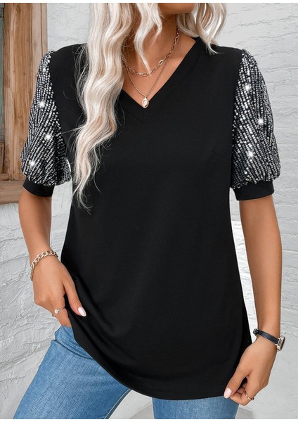 Ulak Handmader Kadın Kısa Kollu V Yakalı Pul Payet Detaylı Viskon Bluz modelleri