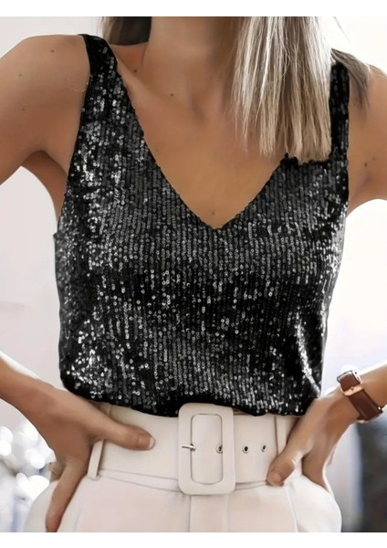 Ulak Handmader Pul Payetli Sıfır Kol Bluz -Siyah