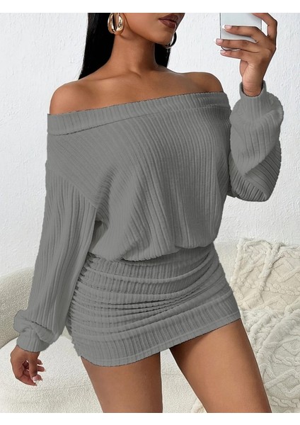 Ulak Handmader Kadın Uzun Kollu Madonna Yaka Yanlardan Büzgülü Şardonlu Kaşkorse Mini Elbise