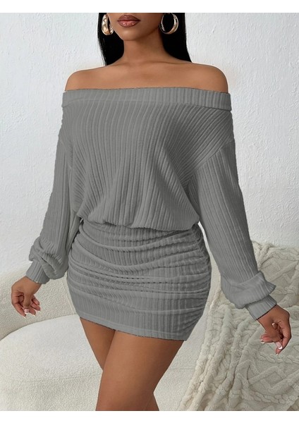 Ulak Handmader Kadın Uzun Kollu Madonna Yaka Yanlardan Büzgülü Şardonlu Kaşkorse Mini Elbise modelleri