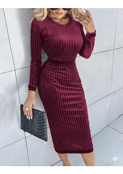 Ulak Handmader Kadın Uzun Kollu Bisiklet Yaka Taşlı Midi Kadife Elbise fırsatları