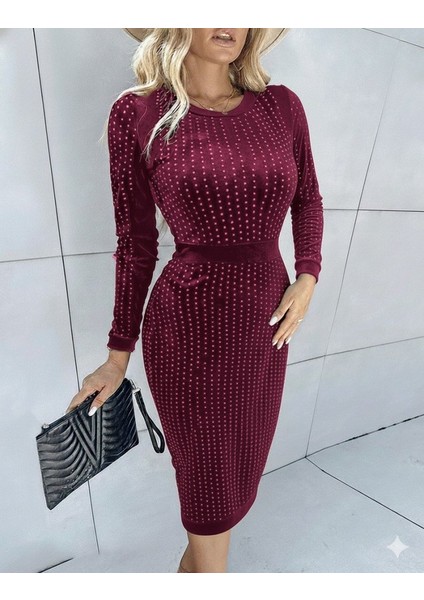 Ulak Handmader Kadın Uzun Kollu Bisiklet Yaka Taşlı Midi Kadife Elbise indirimleri