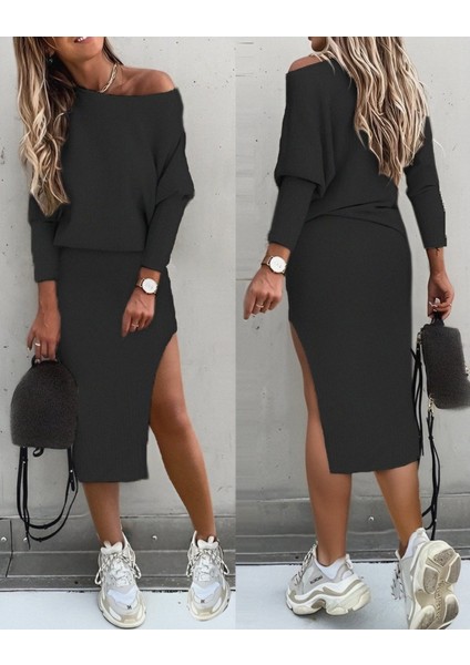 Ulak Handmader Kadın Uzun Kollu Düşük Omuz Yırtmaç Detay Kaşkorse Etek Bluz Ikili Takım