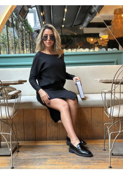 Ulak Handmader Kadın Uzun Kollu Düşük Omuz Yırtmaç Detay Kaşkorse Etek Bluz Ikili Takım