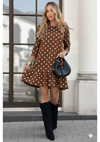 Ulak Handmader Kadın Uzun Kollu Bisiklet Yaka Fırfırlı Puantiyeli Kısa Modal Elbise modelleri