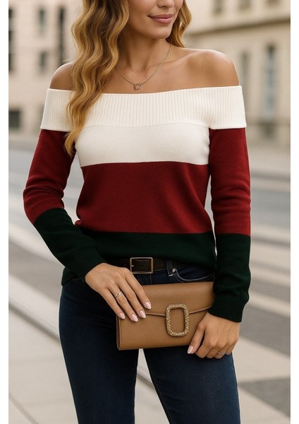 Ulak Handmader Kadın Uzun Kollu Omuzlardan Açık Uzun Kollu Blok Çizgili Triko Bluz