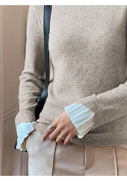 Ulak Handmader Kadın Uzun Kollu Fırfırlı Yakalı Triko Krem Bluz modelleri