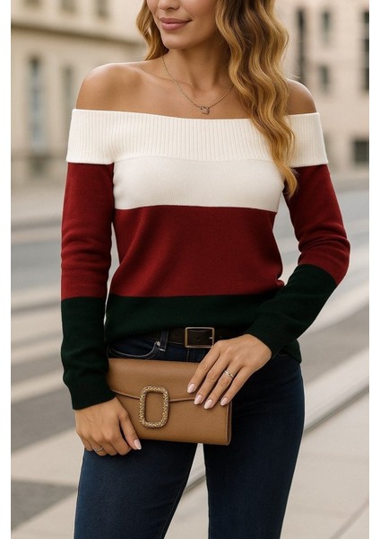 Ulak Handmader Kadın Uzun Kollu Omuzlardan Açık Uzun Kollu Blok Çizgili Triko Bluz modelleri