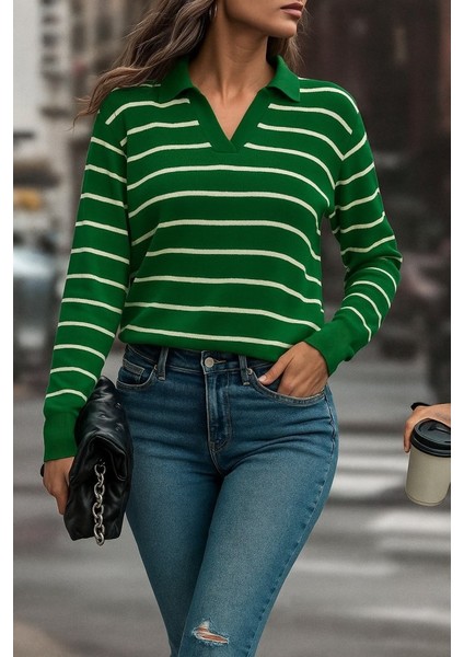 Ulak Handmader Kadın Uzun Kollu V Yaka Çizgili Triko Bluz