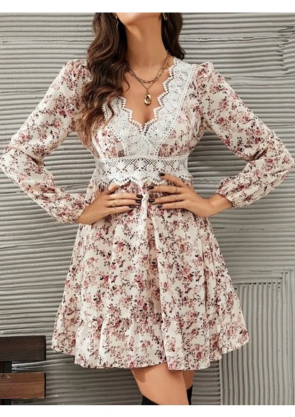 Ulak Handmader Kadın Uzun Kollu Dantel V Yakalı Mini Desenli Süprem Elbise