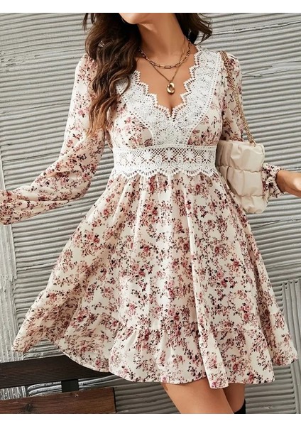 Ulak Handmader Kadın Uzun Kollu Dantel V Yakalı Mini Desenli Süprem Elbise modelleri