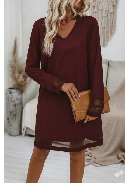 Ulak Handmader Kadın Uzun Kollu V Yakalı Tül Şerit Detaylı Mini Krep Elbise