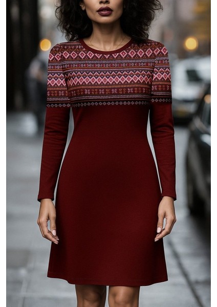 Ulak Handmader Kadın Uzun Kollu Bisiklet Yaka Etnik Desenli Kısa Şardonlu Dalgıç Elbise modelleri