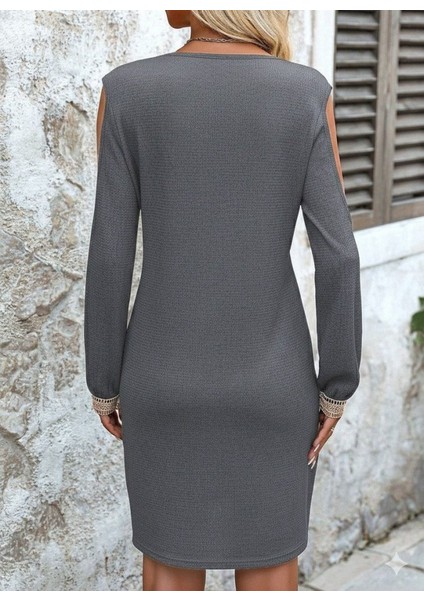 Ulak Handmader Kadın Uzun Kollu Omuzdan Açık V Dantel Yakalı Mini Waffle Elbise indirimleri